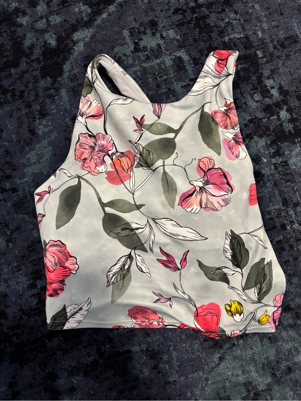 Athleta Floral Scoop-Back Tank Top in Light Gray with Pink Accents